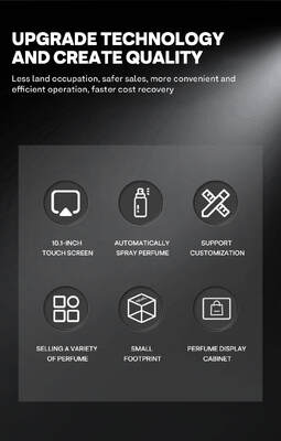हेलू वॉल-माउंटेड परफ्यूम स्प्रे वेंडिंग मशीन चार अलग-अलग सुगंध रख सकती है और इसमें टेबलटॉप उपयोग के लिए पांच नमूना बटन हैं