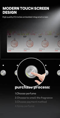 हेलू वॉल-माउंटेड परफ्यूम स्प्रे वेंडिंग मशीन चार अलग-अलग सुगंध रख सकती है और इसमें टेबलटॉप उपयोग के लिए पांच नमूना बटन हैं