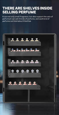 हेलू वॉल-माउंटेड परफ्यूम स्प्रे वेंडिंग मशीन चार अलग-अलग सुगंध रख सकती है और इसमें टेबलटॉप उपयोग के लिए पांच नमूना बटन हैं